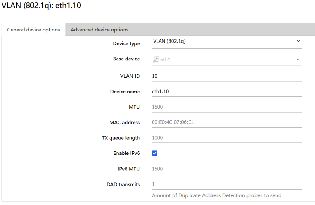 A screenshot showing a new aliased device configuration, of type 802.1q. The VLAN ID is set to 10, and the base device is eth1 (the physical interface). The resulting name is eth1.10. Enable IPv6 is ticked.