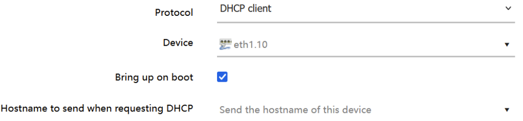 A screenshot showing the interface configuration for a DHCP-enabled interface that uses the VLAN 10 tagged eth1.10 device as the physical interface.