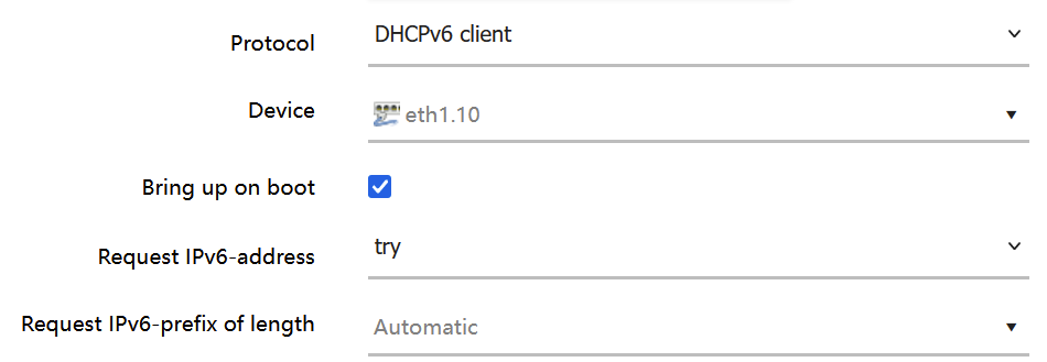 A screenshot showing the interface configuration for a DHCPv6-enabled interface that uses the VLAN 10 tagged eth1.10 device as the physical interface.