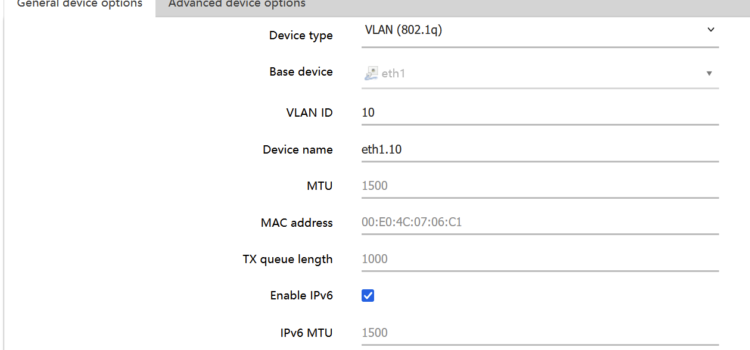 A screenshot showing a new aliased device configuration, of type 802.1q. The VLAN ID is set to 10, and the base device is eth1 (the physical interface). The resulting name is eth1.10. Enable IPv6 is ticked.
