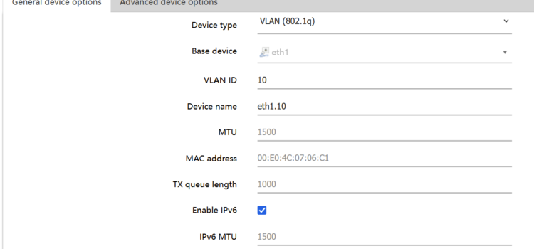 Eir, an ONT, and OpenWRT without the F3000 modem A screenshot showing a new aliased device configuration, of type 802.1q. The VLAN ID is set to 10, and the base device is eth1 (the physical interface). The resulting name is eth1.10. Enable IPv6 is ticked.