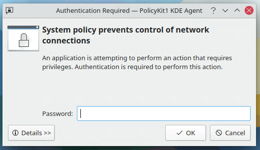 A KDE polkit1 agent dialog requesting a password for network connection control.