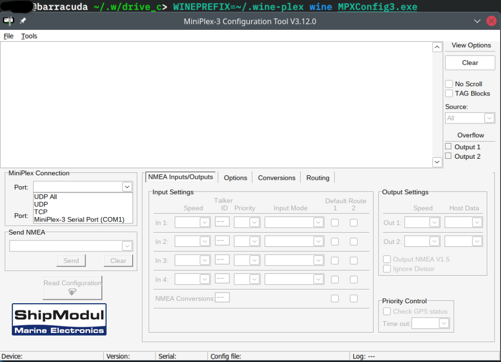 ShipModul's MiniPlex Configuration program running in Wine on Linux, showing the COM port.